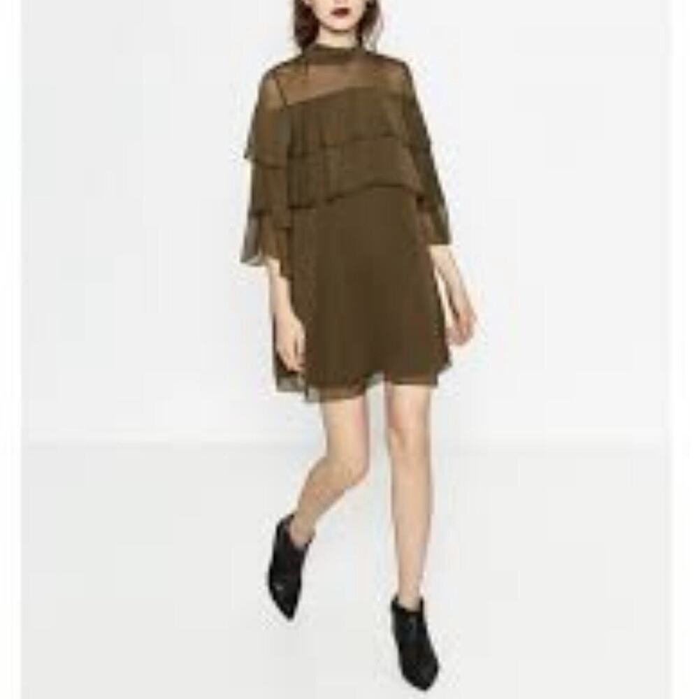 Zara Green Tiered Ruffle Shift Dress Women's XS Flowy Boho Olive Green - Picture 2 of 8